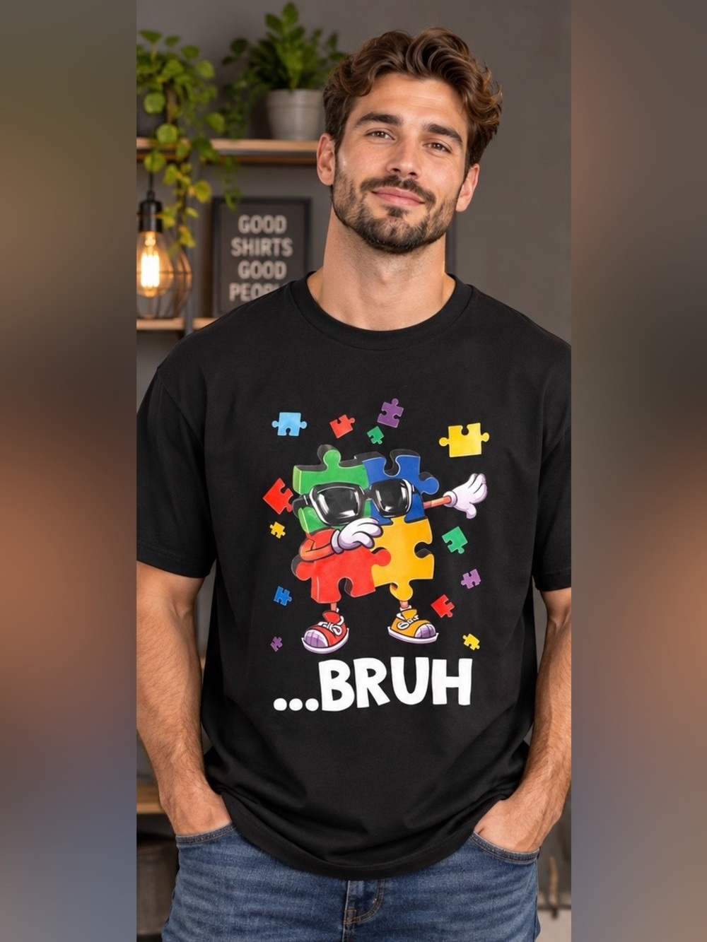 Black Men's Graphic Tee - Puzzle Character '...BRUH'